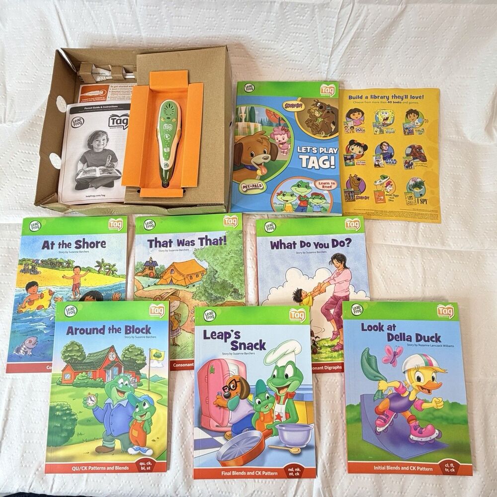 LeapFrog Tag Books Reading System Pen with 7 books LOT! 4-7 Years